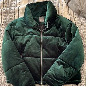 Zara Green Velvet Puffer Jacket